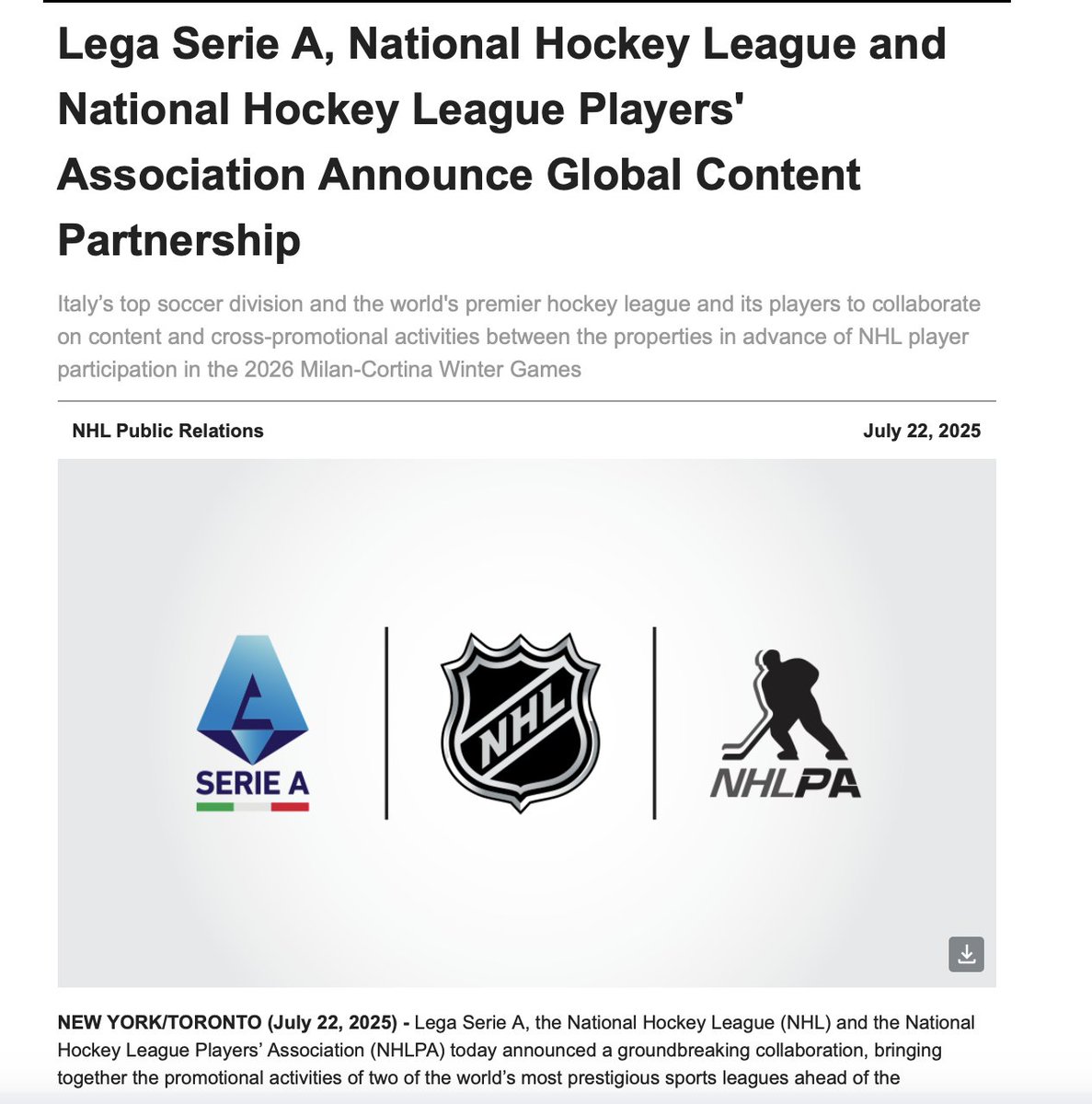 seanshapiro's tweet image. Interesting partnership announced between the NHL and Serie A