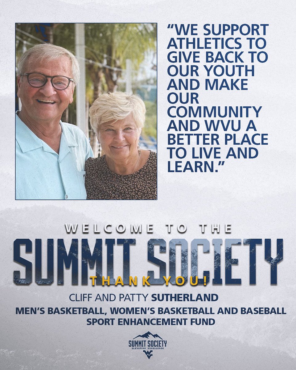 WVU_MAC's tweet image. 🔵🟡𝙎𝙪𝙢𝙢𝙞𝙩 𝙎𝙤𝙘𝙞𝙚𝙩𝙮
Welcome to the #SummitSociety Cliff and Patty Sutherland! Thank you for your continued support of @wvusports!