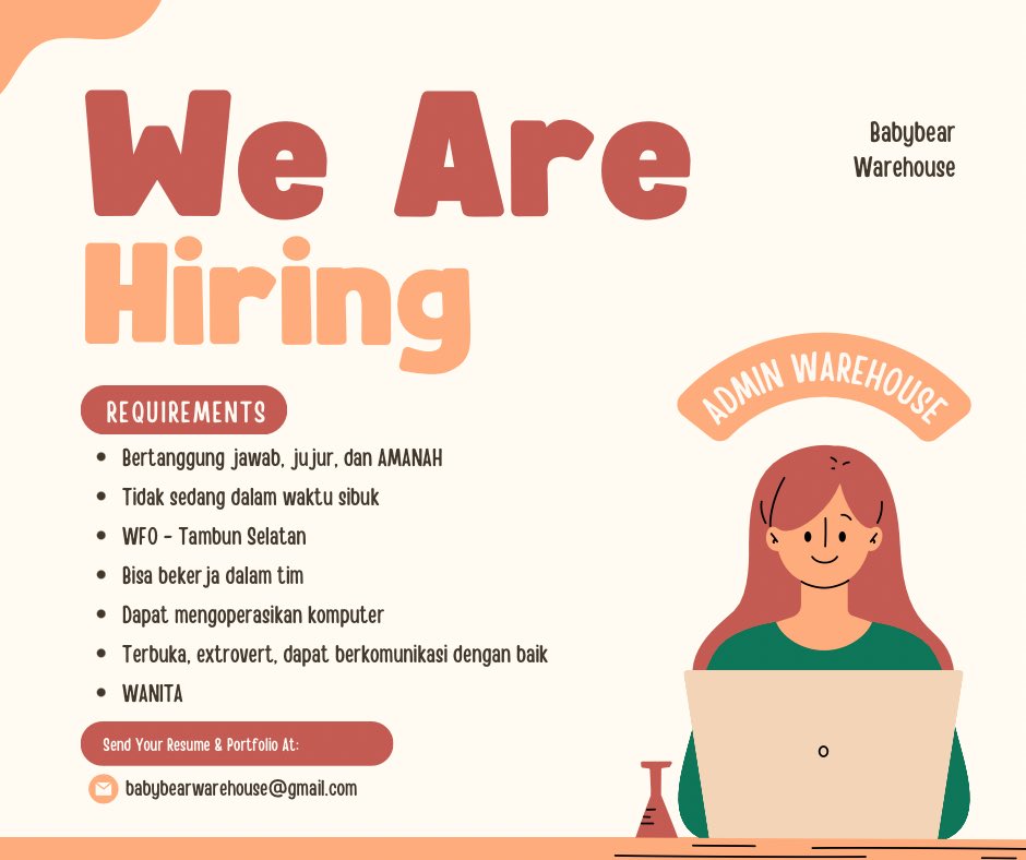 Halooo, aku mau hiring 1 admin nihh. Yang berminat boleh kirim cv yaa. Diutamakan :

- Dekat dengan kantor (tambun selatan)
- Kpopers
- Wajib bisa komputer (basic)
- Teliti dan telaten
- Ramah

kirim cv ke : babybearwarehouse@gmail.com

Nanti aku screening &amp; interview dlu yaaa🫶🏻