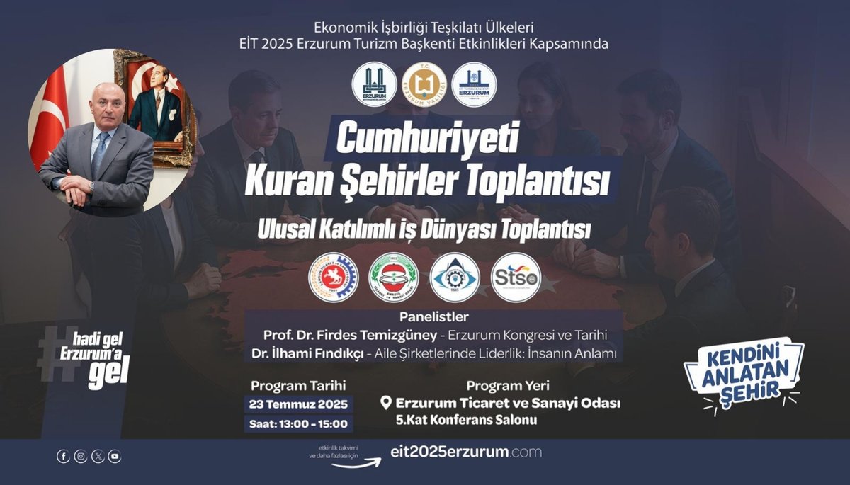 🇹🇷 EİT 2025 Erzurum Turizm Başkenti Etkinlikleri kapsamında odamızda düzenlenecek programımıza siz değerli üyelerimizi aramızda görmekten onur duyarız.

📍 Yer: Erzurum Ticaret ve Sanayi Odası - 5. Kat Konferans Salonu
📅 Tarih: 23 Temmuz 2025
🕐 Saat: 13.00 - 15.00

🎙️