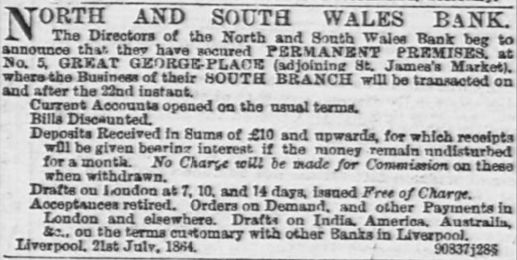 Liverpool1207's tweet image. In 1878 the North & South Wales Bank, St. James/Great George Street, replaced an earlier branch across the road at 5 Great George Place. The earlier branch had opened on 22nd July 1864