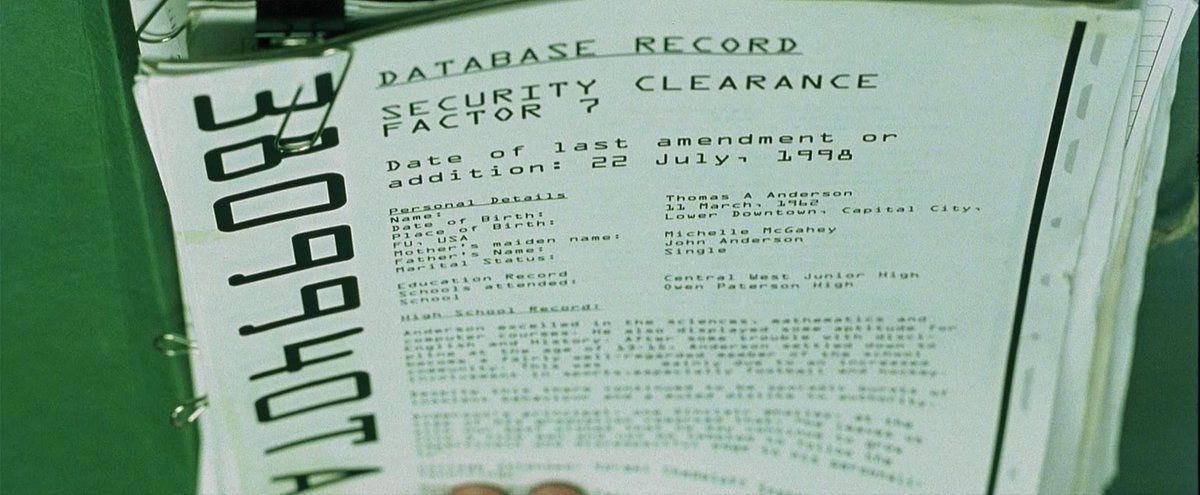 DatesInMovies's tweet image. Jul 22nd 1998 - Thomas Anderson's (aka Neo) file was last updated, shown during the interrogation scene.
๐ฝ๏ธ๐
The Matrix (1999)