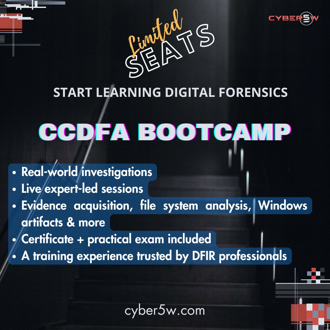 cyber5w's tweet image. π‘οΈ IT Pros: Boost your career with digital forensics!
Learn DFIR skills & get certified, fast & affordably, with the C5W Bootcamp.
π― Great for upskilling & career growth
πΌ No experience needed
π academy.cyber5w.com/courses/c5w-diβ¦
#CyberSecurity #DFIR #Upskill #DigitalForensics #C5W