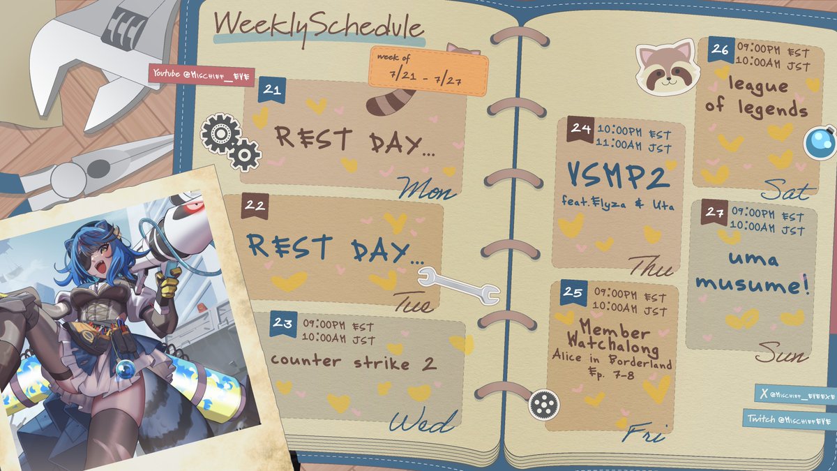 Mischief_EVEEXE's tweet image. 🤓🔧WEEKLY SCHEDULE🔧🤓
----------[7/21 - 7/27]---------

:3
🤓 General: #MischiefisHere 
📸 Clips: #Misin4k 
🎨Art: #Mispaint 
 🔧NSFW: #Mislewd

YouTube: bit.ly/3BqYimQ
Twitch: bit.ly/4ek0mvi