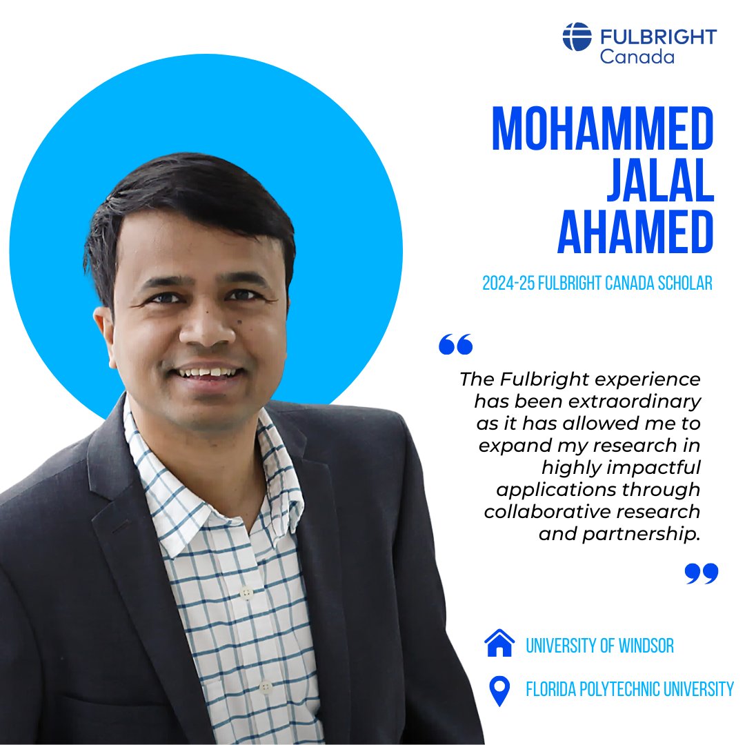 FulbrightCanada's tweet image. 🌟 "The Fulbright experience has been extraordinary—it allowed me to expand my research in highly impactful applications."
-Dr. Mohammed Jalal Ahamed, 2024-25 Fulbright Canada Scholar @FLPolyU
Learn more about the Fulbright Canada Scholars Program: ow.ly/12tl50Wqv8i