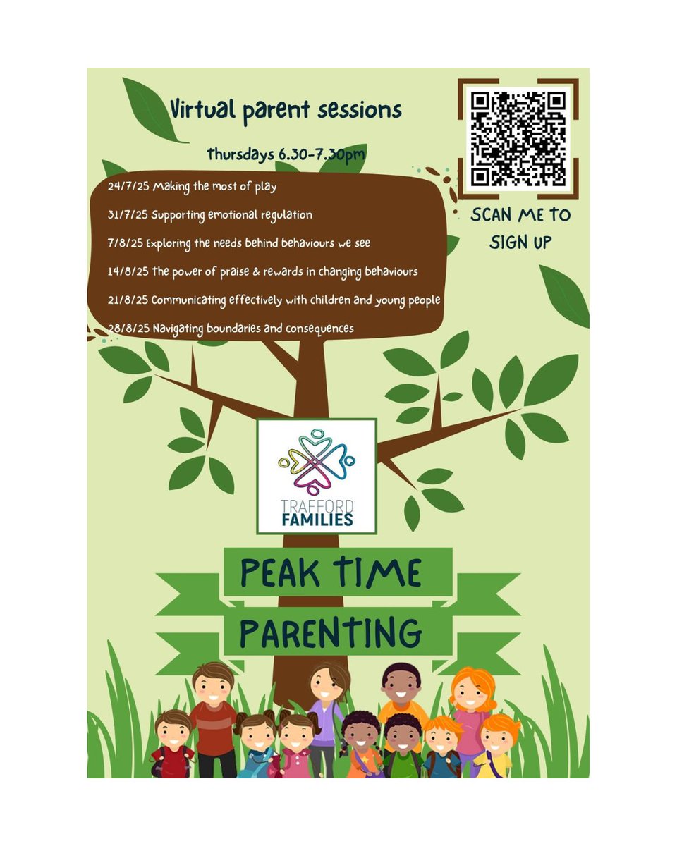TraffordFIS's tweet image. 🌞✨ Join Peak Time Parenting Virtual Support Sessions every Thursday at 6:30 PM, starting July 24th! Sign up for one or all: eventbrite.co.uk/o/trafford-par…