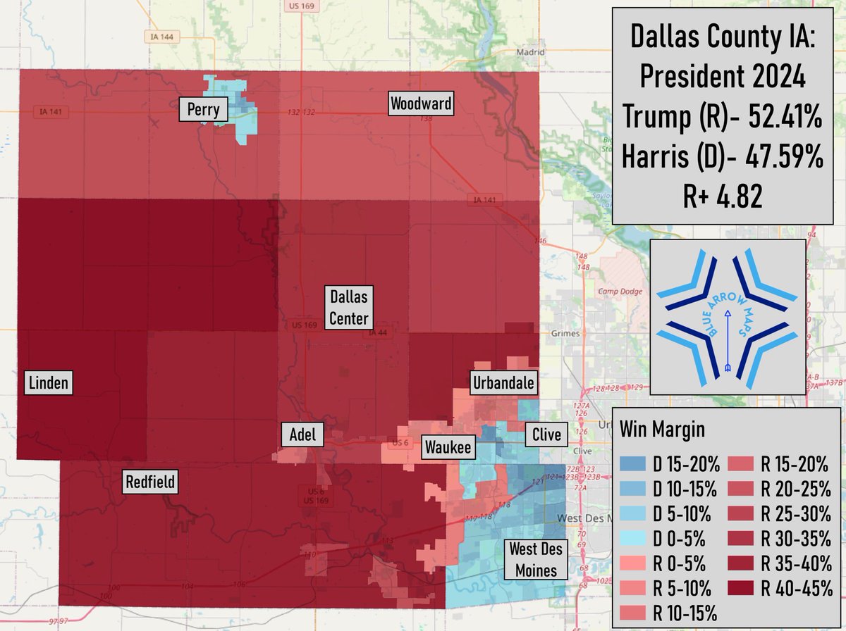 bluearrowMaps's tweet image. Dallas County IA is home to portions of West Des Moines, Clive, Urbandale, and all of Waukee and Perry. The county is a must-win for any IA-03 candidate, and any statewide candidates. Trump won it by almost 5 points in 2024 due to the outer rurals #ElectionTwitter