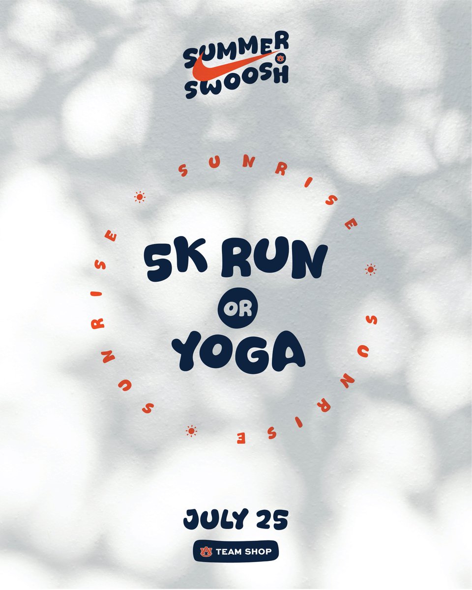 AuburnTigers's tweet image. Summer Swoosh ☀️
Start your Friday strong with Sunrise Yoga or 5K Run on Samford Lawn!
Before you gear up with fresh Auburn x Nike gear, join us for a morning workout this Friday, July 25 starting at 7:30am.
Space is limited - RSVP now! 👟
Sign Up ➡️ app.auburntigers.com/LP=165