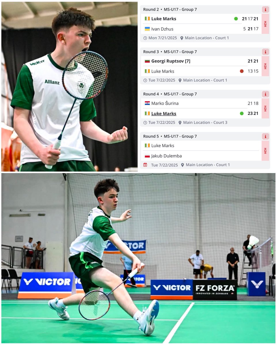 Luke Marks 🇮🇪 makes it two wins out of three so far at the European Youth Olympic Festival.

Luke has won his match against Marko Šurina 🇭🇷 23-21 21-18 which sets up an exciting final group match against Jakub Dulemba 🇵🇱 later today 💪☘️