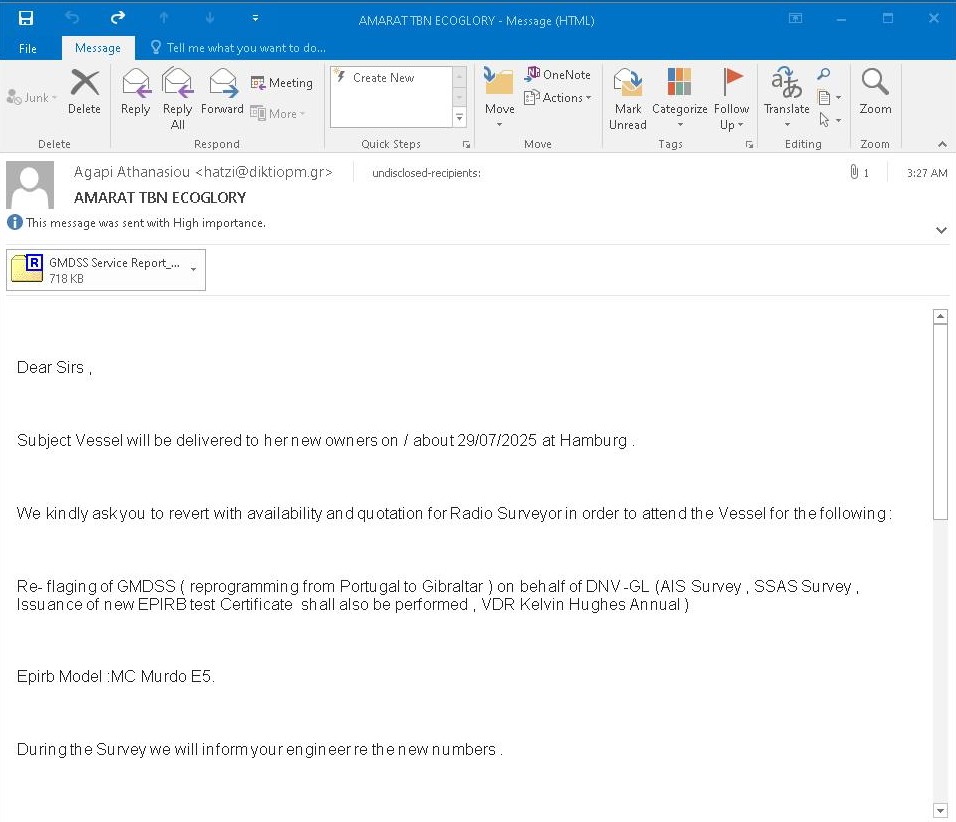 Global Maritime and Safety System users targeted with this one especially in Greece, Germany and UK: 'GMDSS Service Report_xlsx.rar' 
Looks like #ModiLoader 
<a href="/abuse_ch/">abuse.ch</a> 
bazaar.abuse.ch/sample/4c27d80…