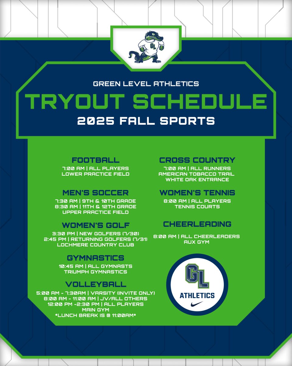 The 2025 Fall Sports Tryout/Practice Schedule Is Here! All Dates Are 7/30 (Unless Otherwise Noted) ~ Be Sure Your DragonFly Account Is Ready To Go! 🐊  #8Days #LevelUp

Please Direct Any Specific Tryout/Practice Questions To Varsity Head Coaches‼️