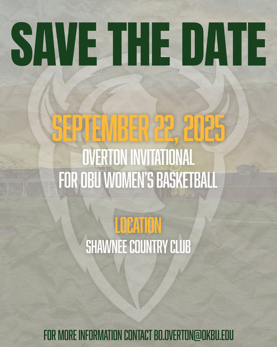 OBU Women’s Basketball (@obu_wbball) on Twitter photo SAVE THE DATE 🤝
Our annual golf tournament is scheduled for Sept. 22 and we hope to see you there!
For more info, contact Bo.Overton@okbu.edu 📧 SAVE THE DATE 🤝
Our annual golf tournament is scheduled for Sept. 22 and we hope to see you there!
For more info, contact Bo.Overton@okbu.edu 📧