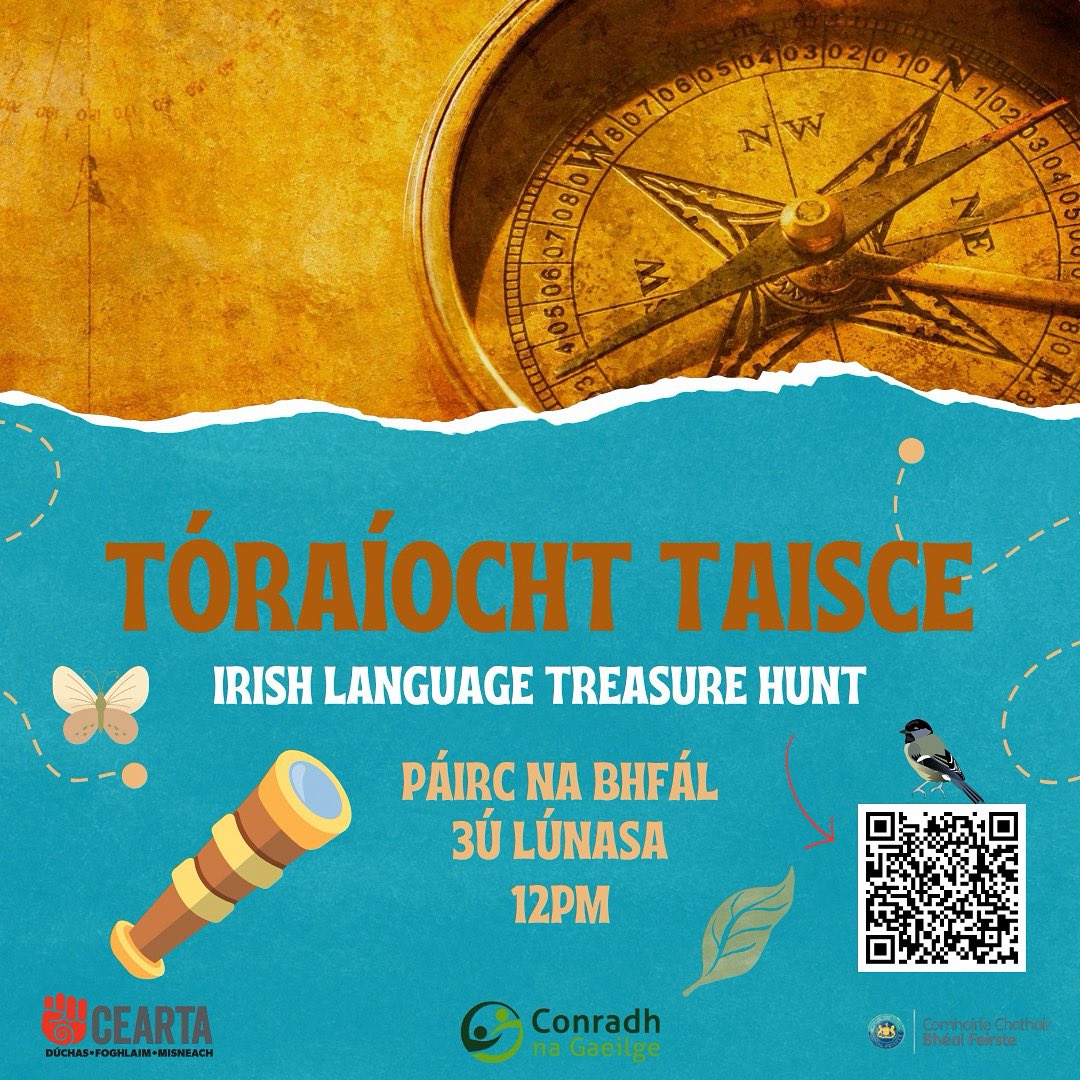 CnaG's tweet image. 🔎 TÓRAÍOCHT TAISCE mar chuid d'Fhéile an Phobail
🗓️ 3ú Lúnasa 2025
⏰ 12pm
🎒Seomra Ranga Faoin Spéir, Páirc na bhFál
🎟️ Saor in Aisce
🌟 Foirfe do theaghlaigh atá ag tógáil clainne le Gaeilge!
🔗 CLÁRAIGH ANOIS: eventbrite.com/e/toraiocht-ta…