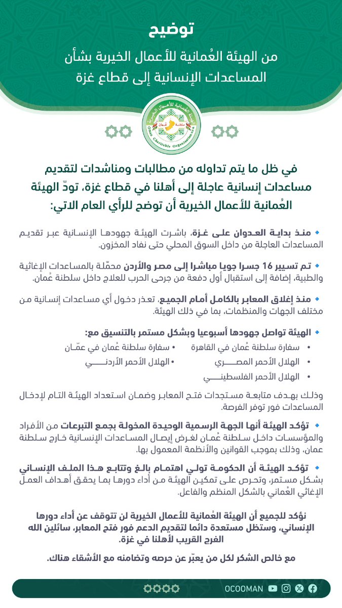 توضيح من الهيئة العُمانية للأعمال الخيرية بشأن المساعدات الإنسانية إلى قطاع غزة.