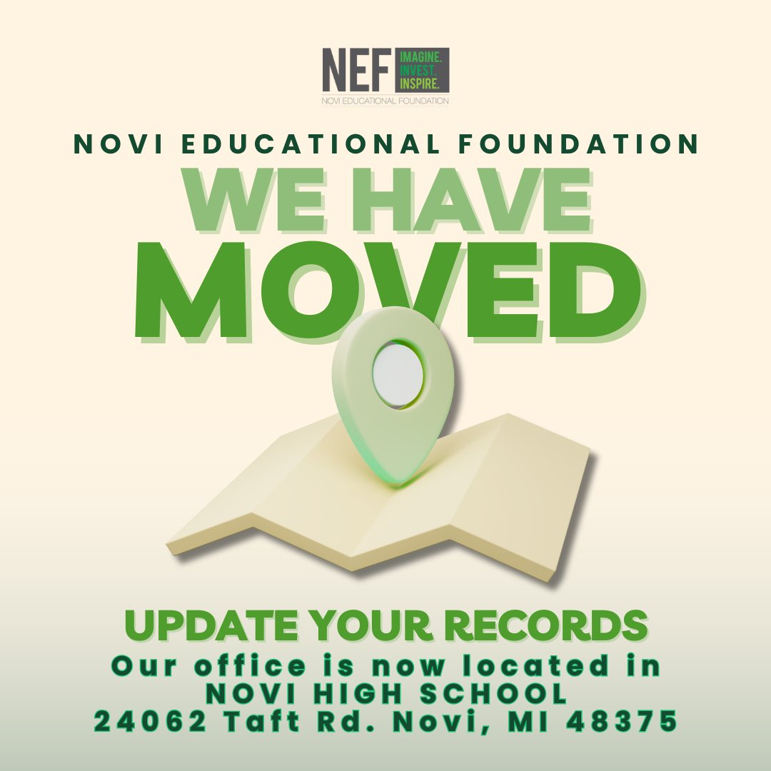 NEF has moved!!! Our office is now located in Novi HS at 24062 Taft Rd. Novi, MI 48375. Be sure to update your records! Thank you.
#wevemoved #newlocation #NEF #Novieducationalfoundation #NCSD