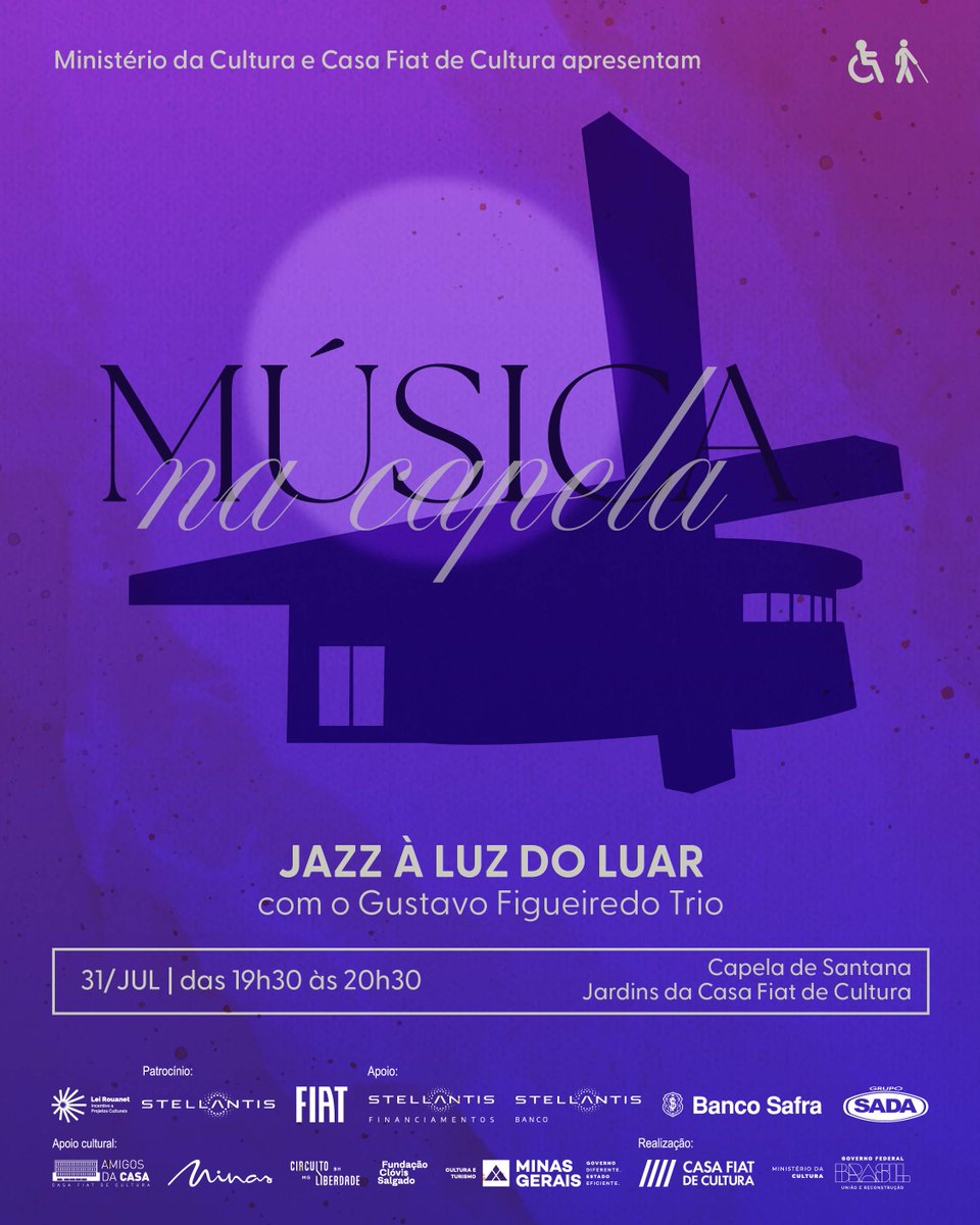 Em julho, venha viver o encontro entre o jazz e a música brasileira em uma experiência única à 🌙 luz do luar! Na quinta-feira, dia 31 de julho 📆, às 19h30, o Música na Capela ganha os jardins da Casa Fiat de Cultura em uma apresentação especial.