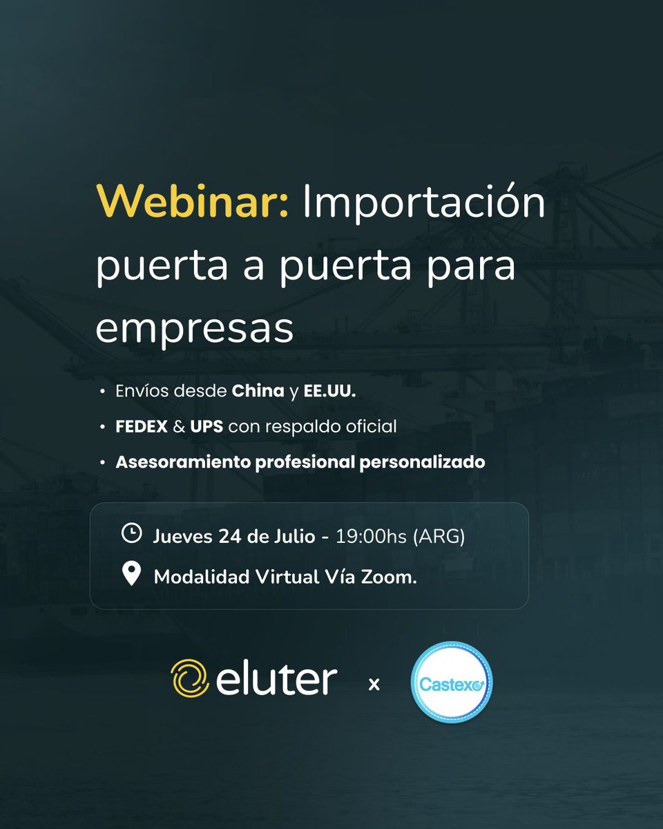 📦 Eluter y Castexco SRL te invitan a un webinar exclusivo y gratuito sobre importación puerta a puerta para empresas.

🗓 Jueves 24 de julio – 19:00 hs (ARG)
💻 Modalidad virtual vía Zoom.

Nuestro director de ventas Alex Cukierman estará presente contando cómo Eluter puede