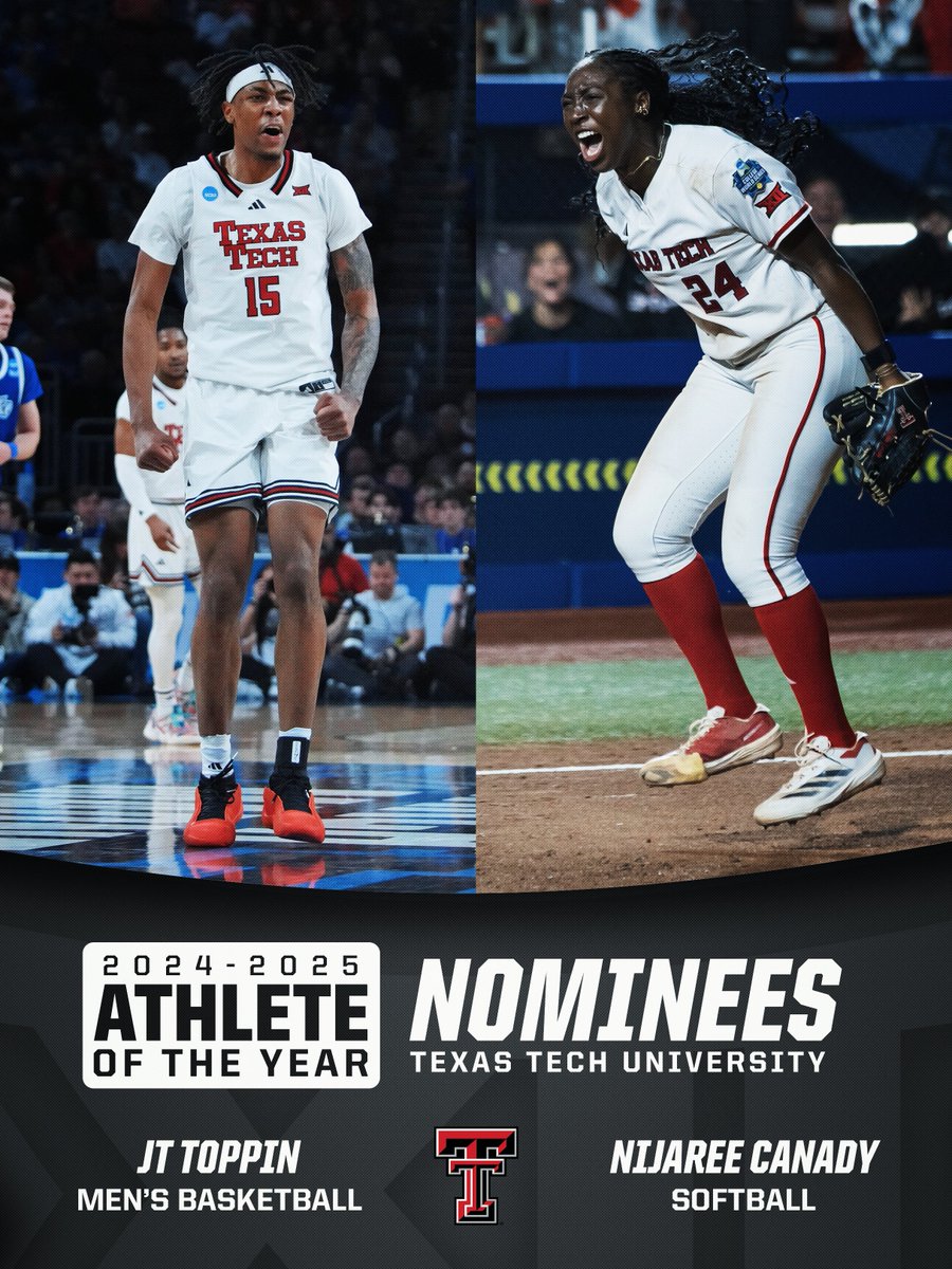Big12Conference's tweet image. 2024-25 Big 12 Athlete of the Year Nominees: Texas Tech University Red Raiders
⭐️ JT Toppin | @TexasTechMBB
⭐️ NiJaree Canady | @TexasTechSB