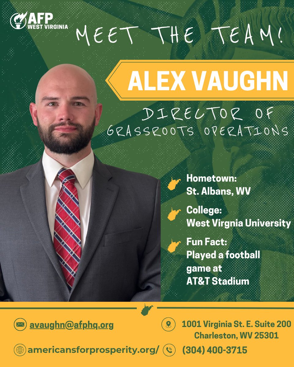 AFPWV's tweet image. Director of Grassroots Operations @Vaughn_AFP is new to the team. He previously worked for Senator Shelley Moore Capito. His claim to fame is he played a football game in Cowboys Stadium!