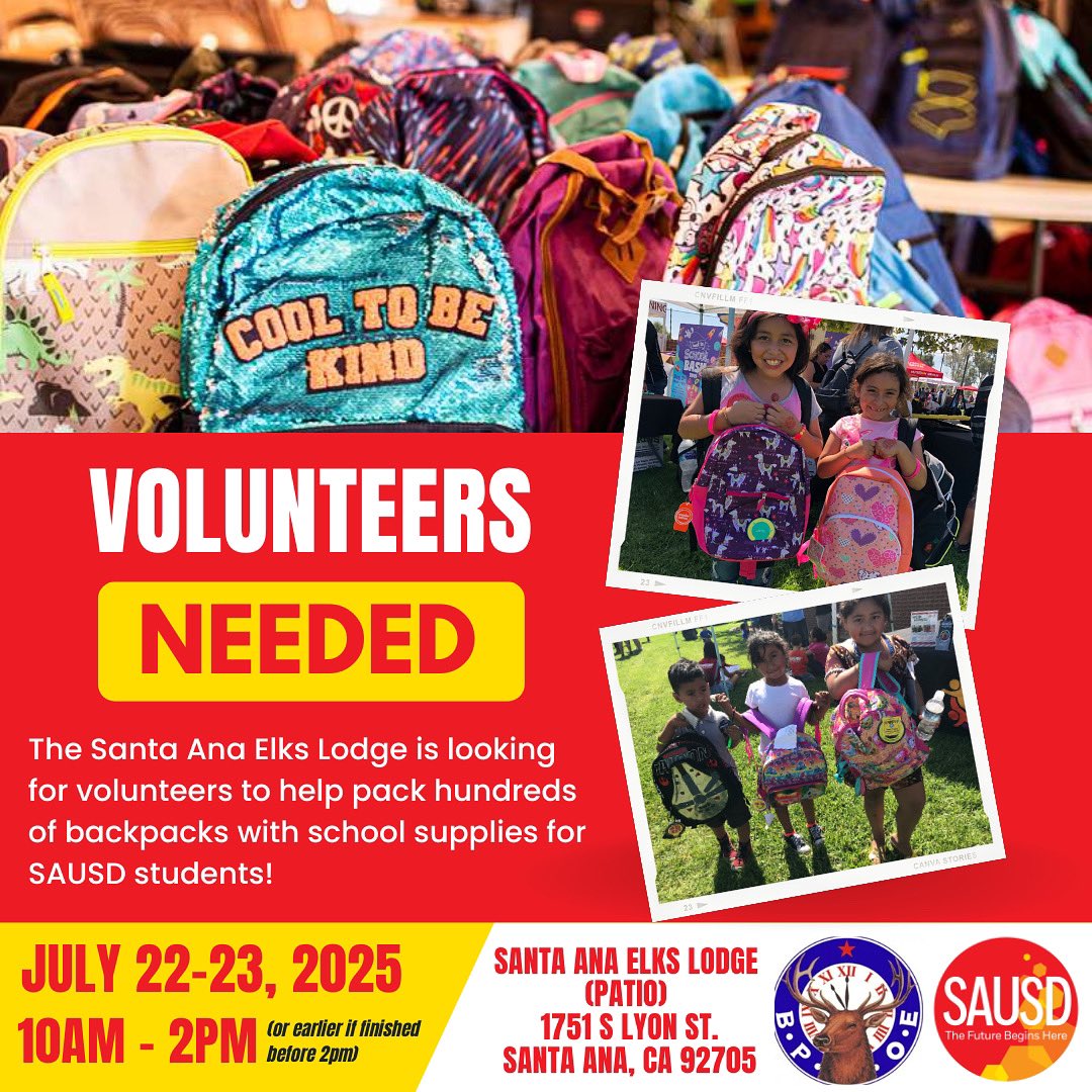 🎒🙏 For over 20 years, Santa Ana Elks Lodge #794 has generously donated backpacks to #SAUSD students — &amp; they’re back at it again this year! They're looking for volunteers to help pack hundreds of backpacks w/ school supplies today (7/22) &amp; tomorrow (7/23). 

#WeAreSAUSD