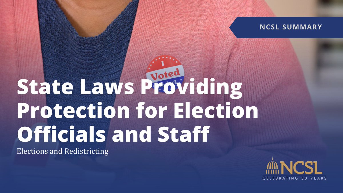 NCSLorg's tweet image. Thirty-five states and Washington, D.C., have laws specifically addressing protections for election officials and poll workers. Nineteen of these states have enacted their laws since 2020, but many others had statutes in effect before then.
Read more: bit.ly/3t4a0j0