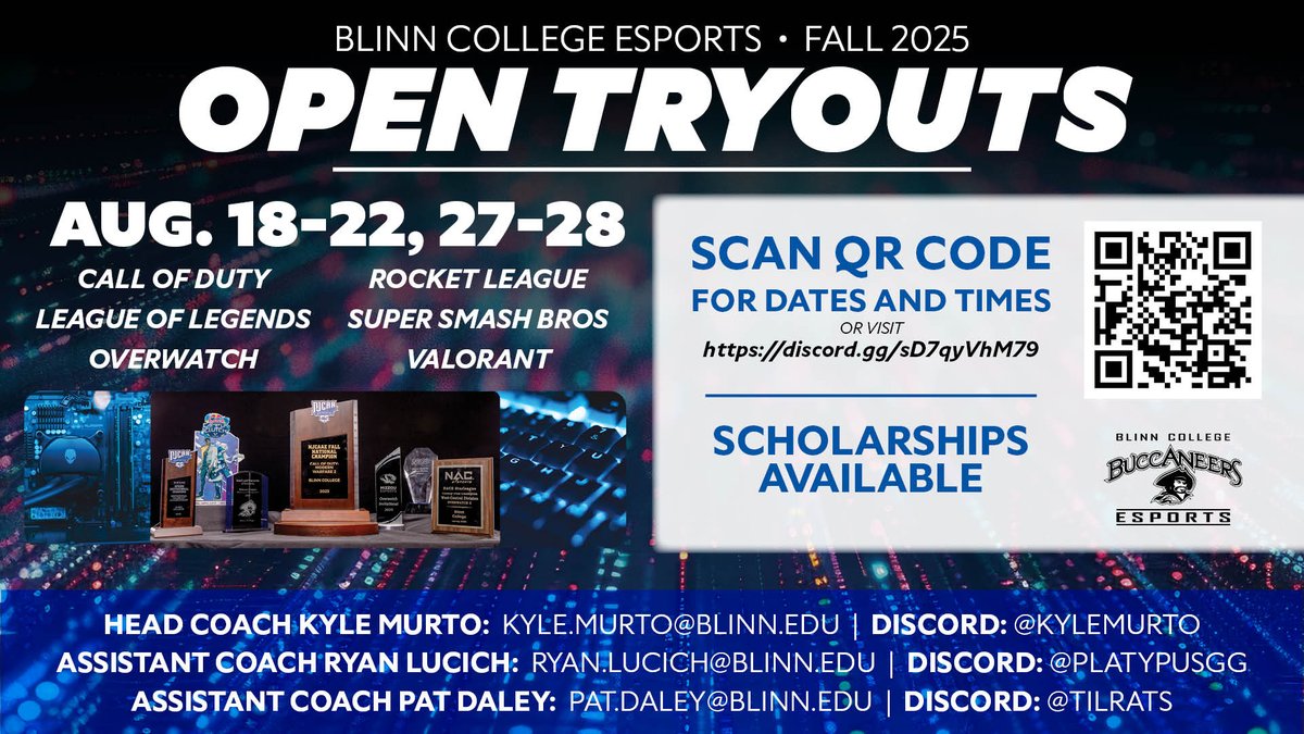 Blinn College District (@blinncollege) on Twitter photo 🚨 Calling all gamers! Join <a href="/blinnesports/">Buccaneers Esports</a> and earn a scholarship doing what you love. Whether you're a seasoned player or rising star, #Blinn Esports wants your skills.
🔥 Competitive titles
🎮 Team environment
📍 State-of-the-art arena
ℹ️ discord.gg/sD7qyVhM79 🚨 Calling all gamers! Join <a href="/blinnesports/">Buccaneers Esports</a> and earn a scholarship doing what you love. Whether you're a seasoned player or rising star, #Blinn Esports wants your skills.
🔥 Competitive titles
🎮 Team environment
📍 State-of-the-art arena
ℹ️ discord.gg/sD7qyVhM79