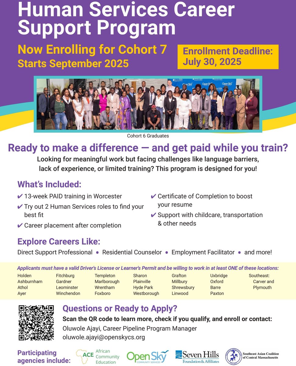 African Community Education (@aceworcester) on Twitter photo The Human Services Career Support Program (HSCSP) enrollment deadline is approaching fast! Enrollment deadline is July 30th.
To apply, visit the following link: l8r.it/ozk9
For more information, contact Oluwole Ajayi at oluwole.ajayi@openskycs.org. The Human Services Career Support Program (HSCSP) enrollment deadline is approaching fast! Enrollment deadline is July 30th.
To apply, visit the following link: l8r.it/ozk9
For more information, contact Oluwole Ajayi at oluwole.ajayi@openskycs.org.