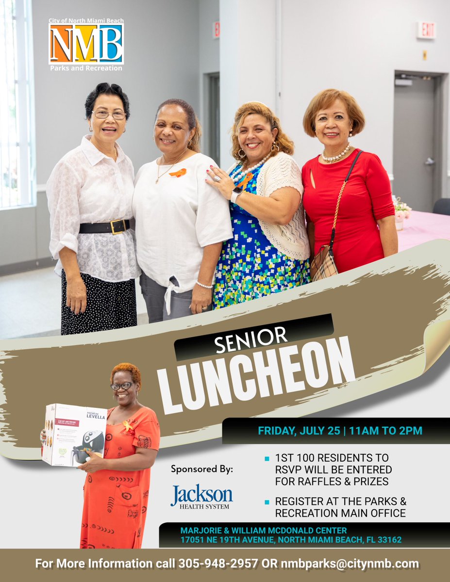 CityNMB's tweet image. This Friday, July 25, 2025, from 10:00 a.m. to 2:00 p.m.,
don’t miss the Seniors Luncheon at the Marjorie and William McDonald Center, located at 17051 NE 19th Avenue, North Miami Beach, FL 33162.
For more information, call (305) 948-2957