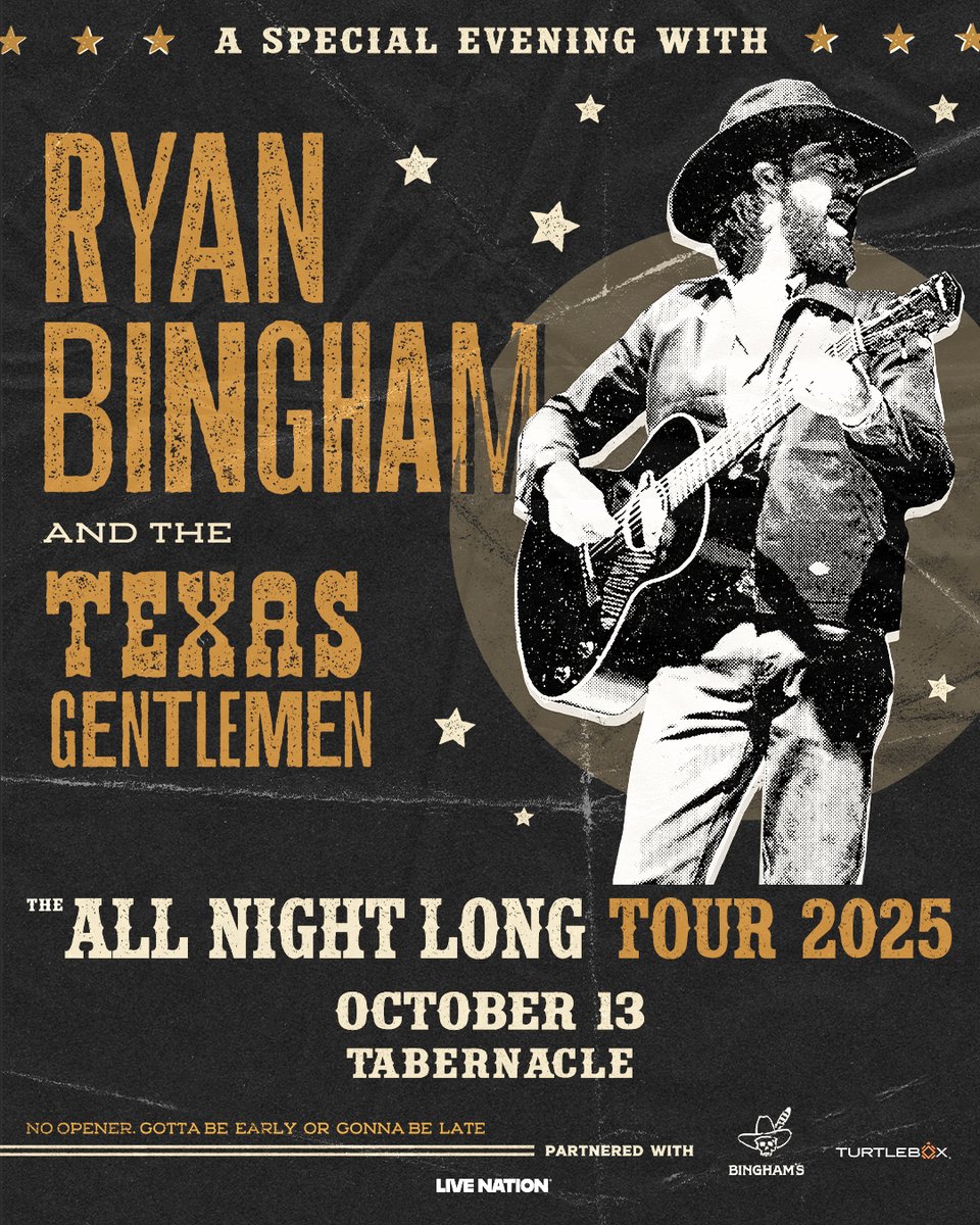 TabernacleATL's tweet image. 🤠 JUST ANNOUNCED 🤠 An Evening With Ryan Bingham and The Texas Gentlemen - The All Night Long Tour on October 13!
🎫 Presale: Thursday, July 24 at 10am (code: LIGHTS)
🎫 Public onsale: Friday, July 25 at 10am
➡️ bit.ly/46Tne3O