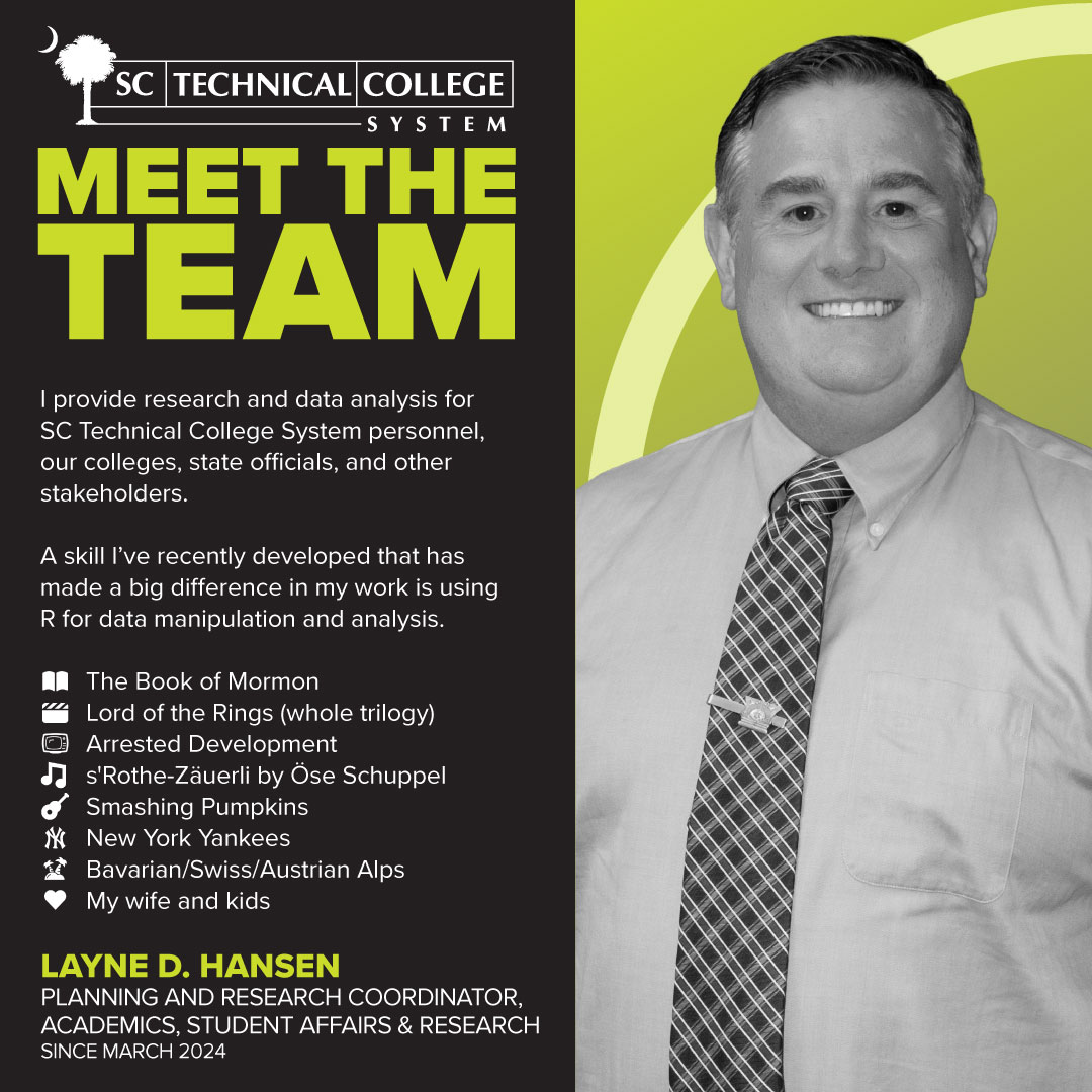 It’s our people who set us apart. Meet the talented team ensuring affordable, accessible, and relevant career and technical education for all South Carolinians!

Presenting Planning and Research Coordinator, Layne D. Hansen.

#MeetTheTeam