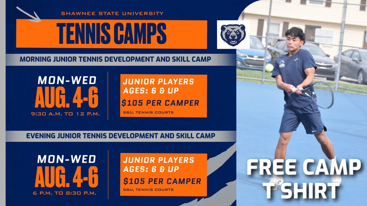 Join the Tennis programs for a Junior Development &amp; Skills Camp next month! ☀️🎾

Junior Tennis Camps
August 4-6
Morning Session | 9:30 a.m. - 12:00 p.m.
Evening Session | 6:00 p.m. - 8:30 p.m.

Register » shawnee.edu/camps
