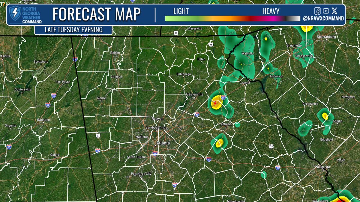 NGAWXCommand's tweet image. A BREAK FROM THE HEAT?:
Highs in the mid-90s today with a Heat Advisory south of #Atlanta. An isolated PM shower is possible, mainly east. Rain chances increase Wed/Thu (60%), keeping temps near average. Extreme heat returns this weekend into next week. #gawx #heatwave