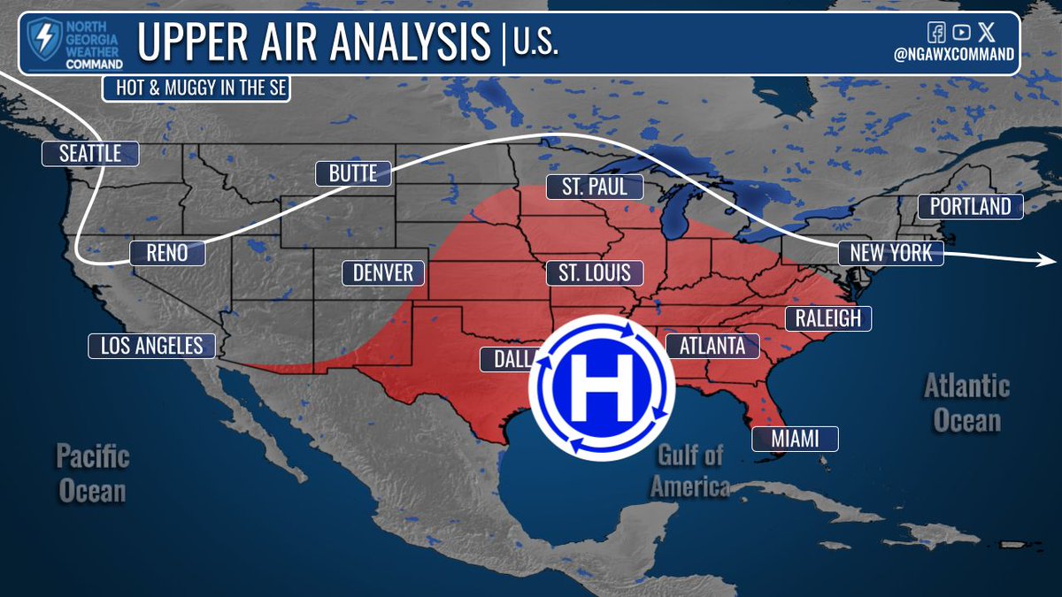 NGAWXCommand's tweet image. A BREAK FROM THE HEAT?:
Highs in the mid-90s today with a Heat Advisory south of #Atlanta. An isolated PM shower is possible, mainly east. Rain chances increase Wed/Thu (60%), keeping temps near average. Extreme heat returns this weekend into next week. #gawx #heatwave
