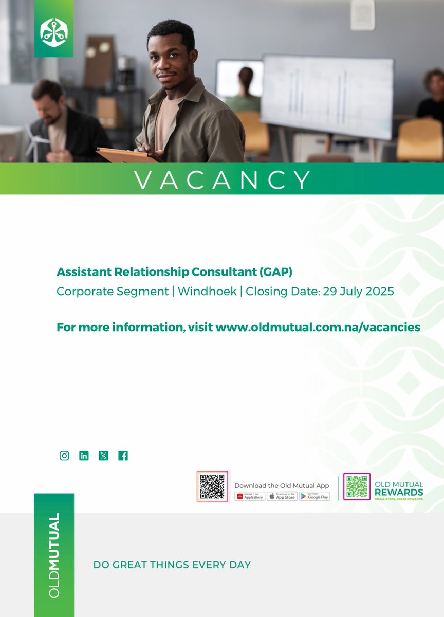 OldMutualNam's tweet image. VACANCY
Assistant Relationship Consultant (GAP)
Corporate Segment | Windhoek | Closing Date: 29 July 2025
For more information, visit oldmutual.com.na/vacancies