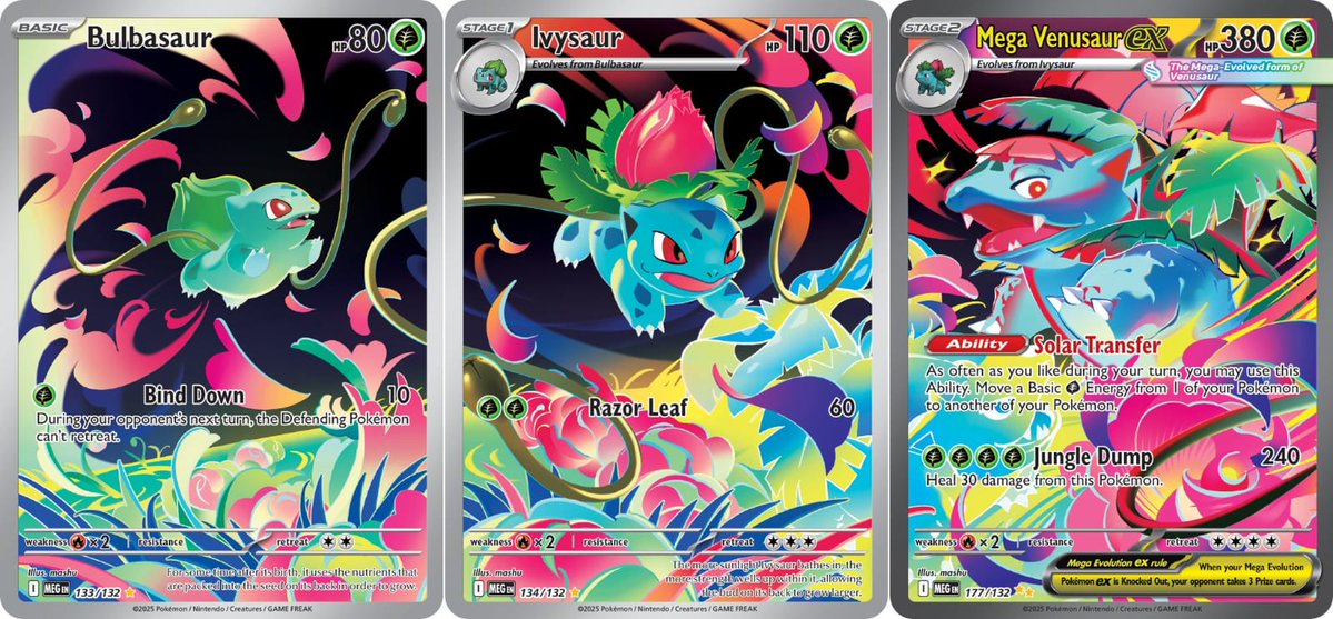 PokeTCGArt's tweet image. Full Bulbasaur evolution line of the new Mega-Evolution TCG set 🍃