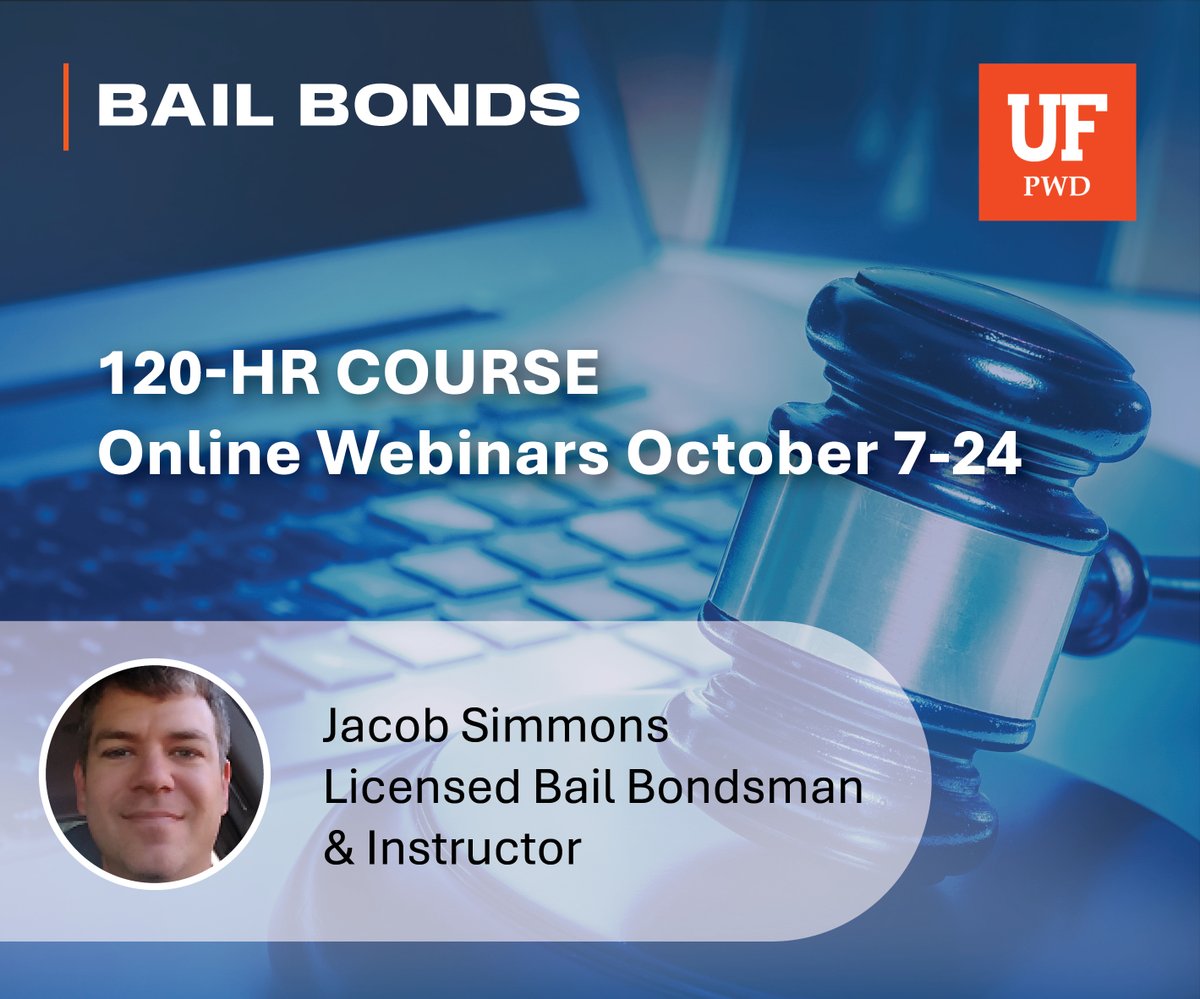 AccessUF's tweet image. Kickstart your career as a bail bond agent! Enroll in our 120 Hour Bail Bond Pre-Licensing Course, and get the knowledge you need to take your first step into the field.
Get started today: go.ufl.edu/n9pzj3q