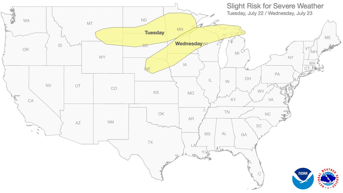 NWS's tweet image. Severe weather outlook...
Today (Tuesday): Scattered severe thunderstorms will be possible over parts of the northern Plains into the upper Mississippi Valley later today into tonight.
Tomorrow (Wednesday): Organizing clusters of storms posing a risk for severe wind are…