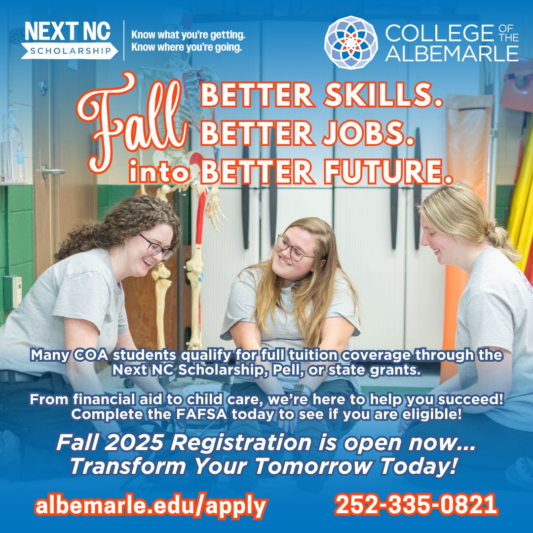 Fall 2025 registration is open, and many COA students qualify for full tuition coverage through the Next NC Scholarship, Pell, or state grants.
💙🧡🐬🍂
#TransformYourTomorrow TODAY! ➡️ albemarle.edu/apply-register/

#BetterSkillsBetterJobs #NCFinishFAFSA #NCFinishFAFSA <a href="/CFNC/">CFNC</a>