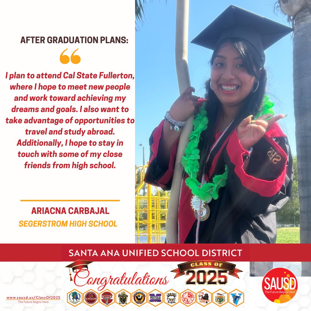 🎓 Congratulations to Ariacna Carbajal from Segerstrom HS! This fall, she’ll begin her journey at CSUF, where she looks forward to meeting new people, exploring opportunities to study abroad, and working toward her dreams and goals. ✨🌍.

#WeAreSAUSD