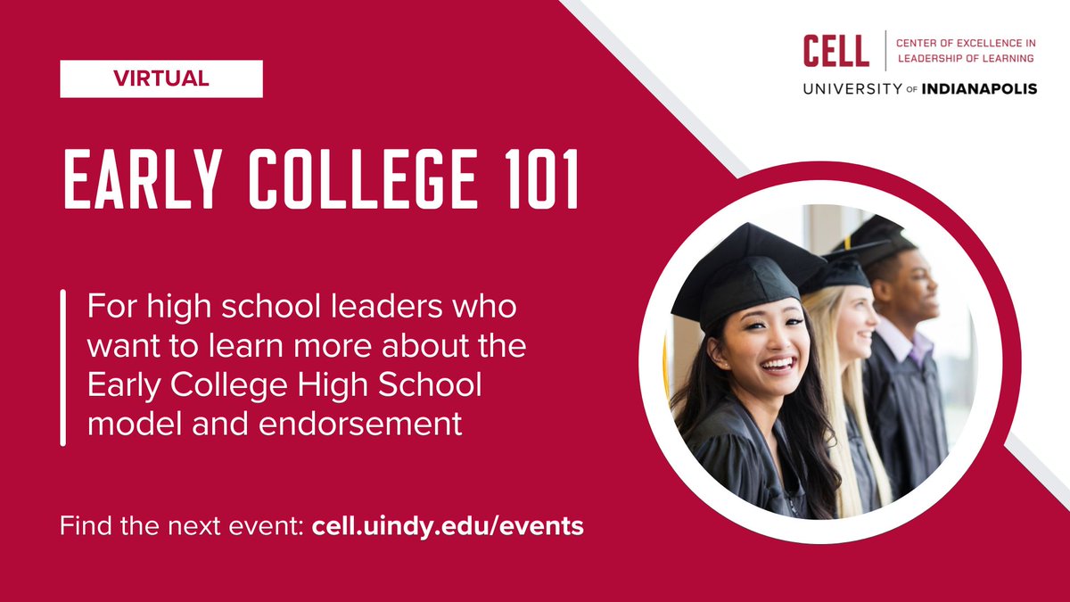 CELLuindy's tweet image. Interested in learning more about #EarlyCollege? Join our next Early College 101 webinar! Our Director of Early College will share more Early College and how it improves student success and college-going. Register today: uindy.zoom.us/webinar/regist…