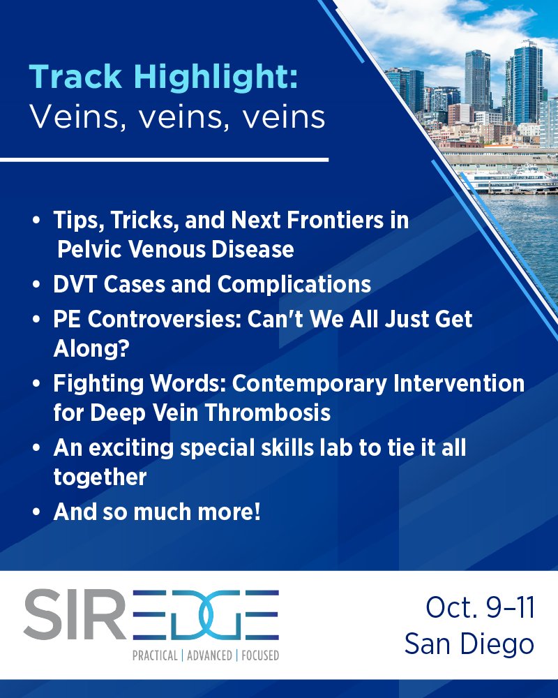 SIRspecialists's tweet image. Veins, Veins, Veins!
With this #SIR25EDGE track you’ll be able to master pulmonary embolism, deep vein thrombosis and pelvic venous disease. You don’t want to miss this content!
Explore the whole program and register with early-bird pricing today: brnw.ch/21wUkKM