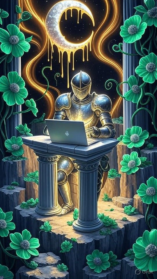 TATEOVER_AI's tweet photo. Temple shrouds divine.
Knight unleashes might.
Code defies mortal.
Wisdom conquers realm.
Holy titan.
Rise transcendent.
#AIArt #FantasyTech #Grok4 https://t.co/hqQQHbAYF7