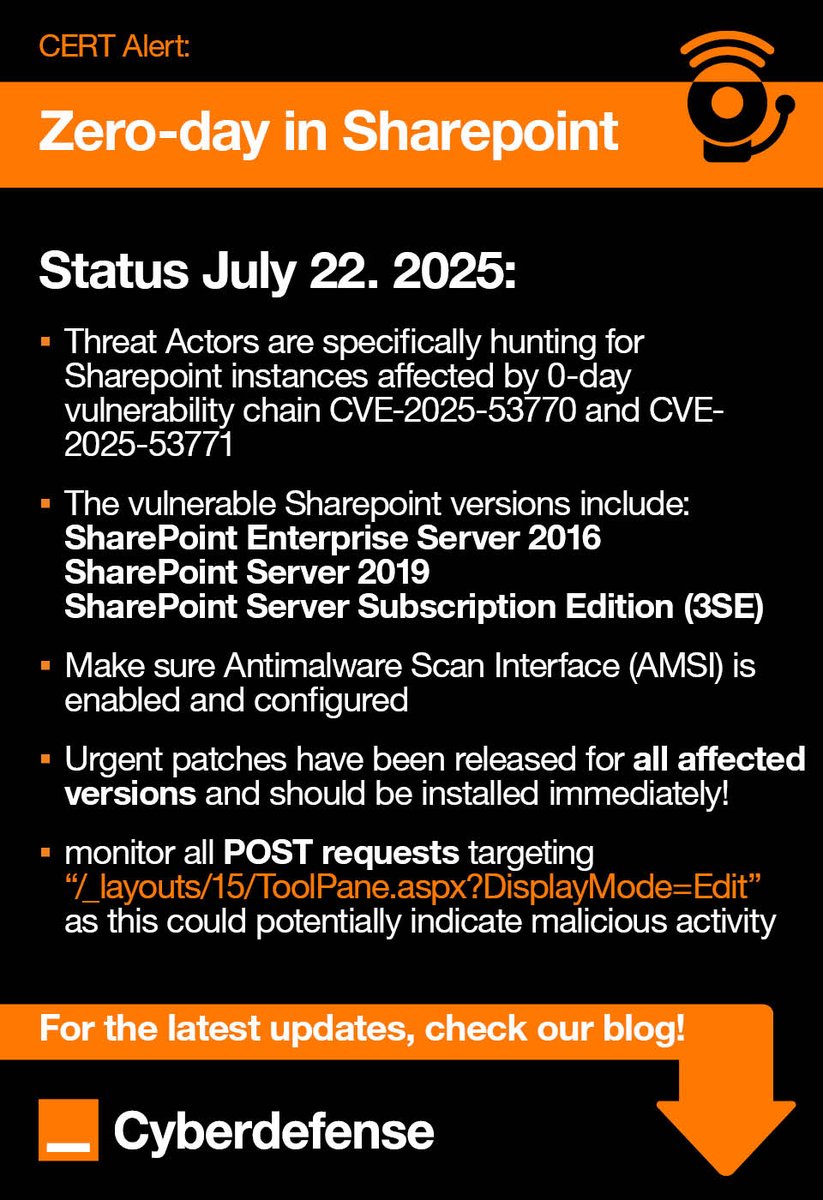 The recent critical Zero-Day in SharePoint is still being exploited, and we now see threat actors specifically hunting for vulnerable SharePoint installations. 👨‍💻👾

📑In our blog we summarized an update of the most important facts at this time, describe details on how to spot