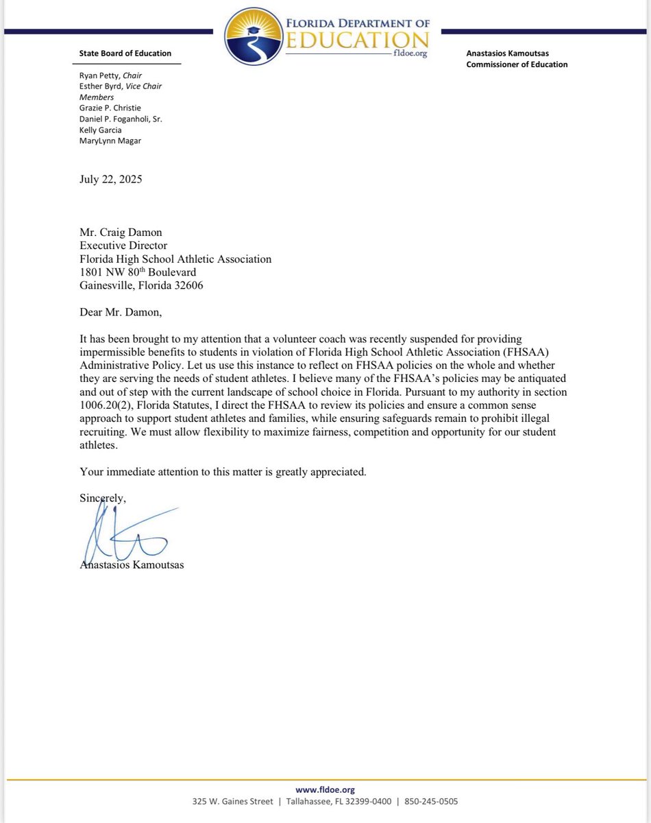 StasiKamoutsas's tweet image. Florida is the school choice state, and as such, we must allow flexibility to maximize fairness and competition for our student athletes while ensuring that safeguards remain to prohibit illegal recruiting.
That is why I sent a letter directing @FHSAA to review all of its…