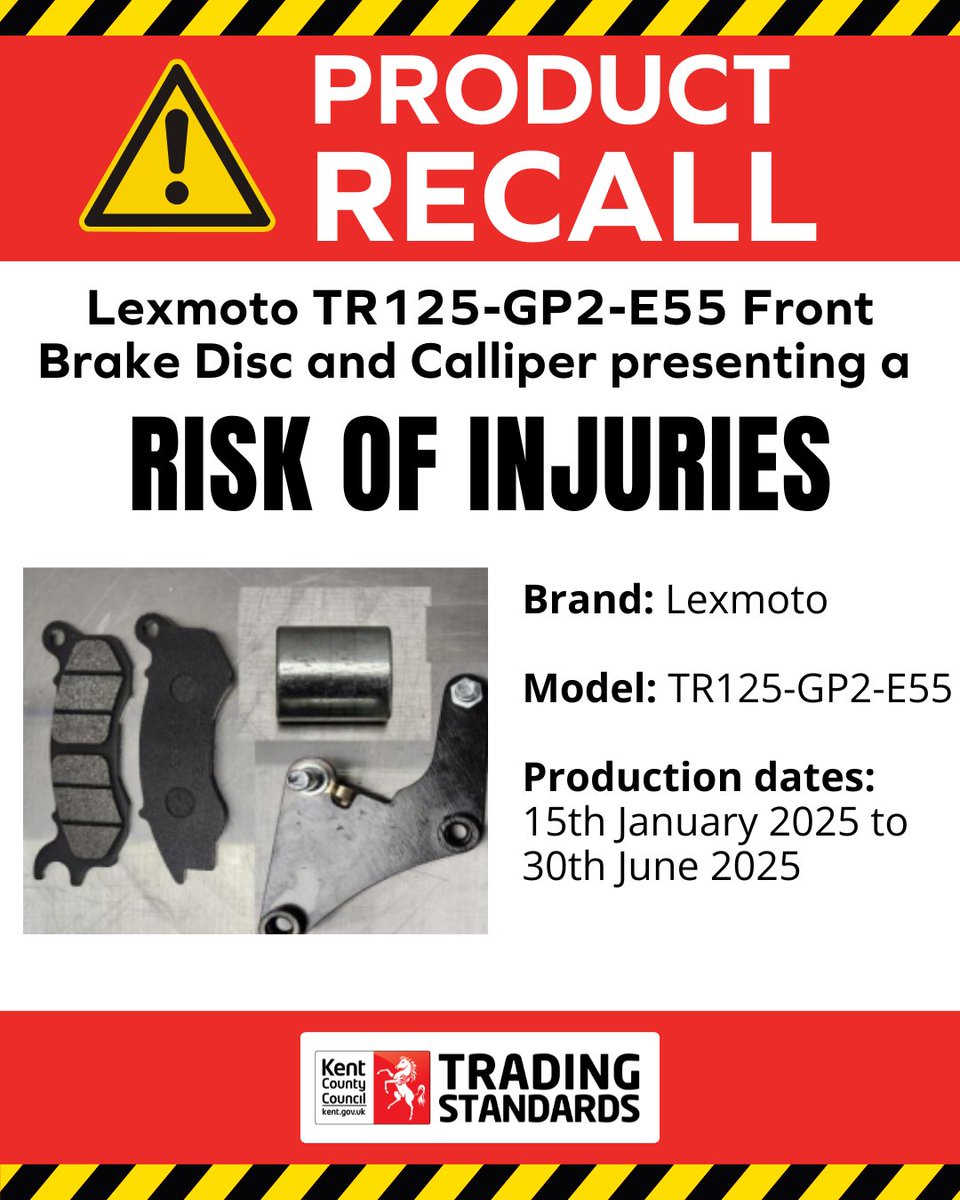 #ProductRecall ⚠️ Lexmoto TR125-GP2-E55 Front Brake Disc and Calliper presenting a risk of injuries.

🔴Product Details
Brand: Lexmoto
Model: TR125-GP2-E55
Production dates: 15th January 2025 to 30th June 2025
Product Description: Front brake disc and callipers fitted in 125cc
