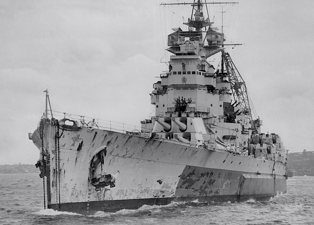 DramaWarship's tweet image. Date: June 28, 1945. Location: Port Jackson, Australia. Event: Assigned to the Allied Task Force 37, battleship King George V of the British Pacific Fleet is departing from Sydney for a series of gunnery exercises. Note her paravanes being deployed. Current status: Scrapped in…