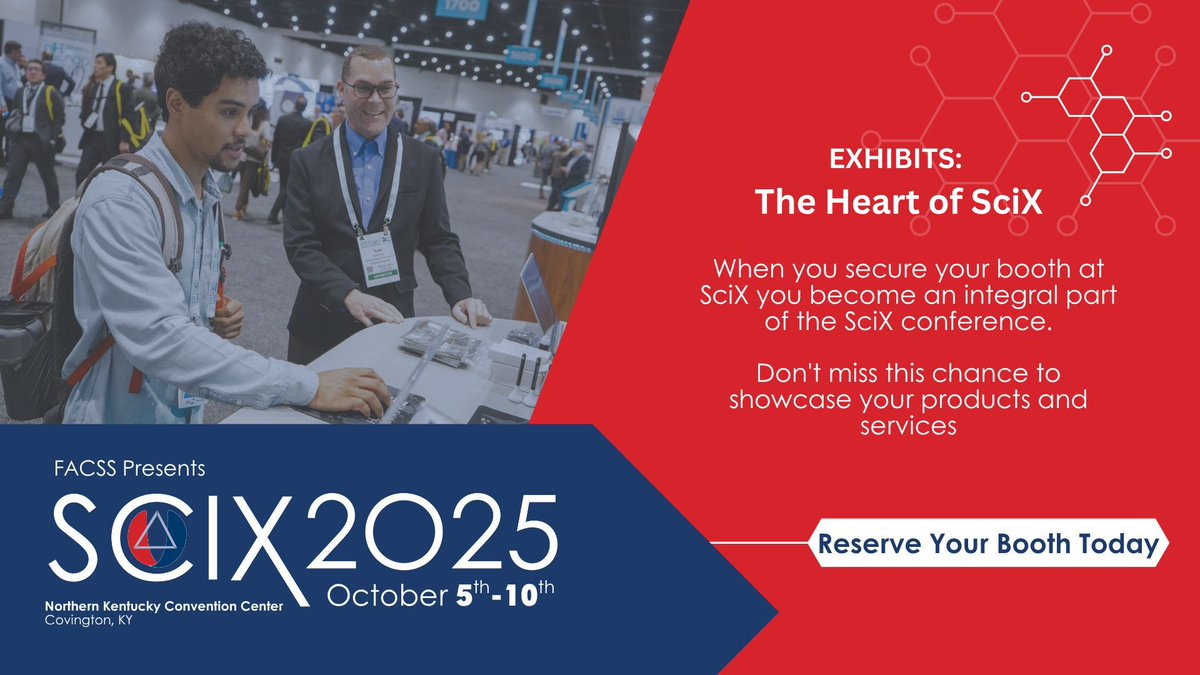 To our Industry partners: Showcase your products and services at our annual gathering of analytical scientists and researchers. Join us at SciX 2025 in October. Exhibit dates are Oct. 6-8, at the Northern Kentucky Convention Center. 

scixconference.org/exhibits 

#SciX2025 #FACSS
