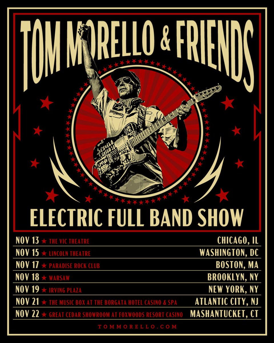 tmorello's tweet image. TOUR ANNOUNCEMENT: CHICAGO! D.C.! BOSTON! BROOKLYN! N.Y.C.! ATLANTIC CITY! CONNECTICUT! Coming at you this Fall!! The last Big Event before they throw us all in jail!
Pre-sale begins tomorrow at 10am local using the code LIVEMORELLO. Tickets go on sale Friday, July 25th at 10am…