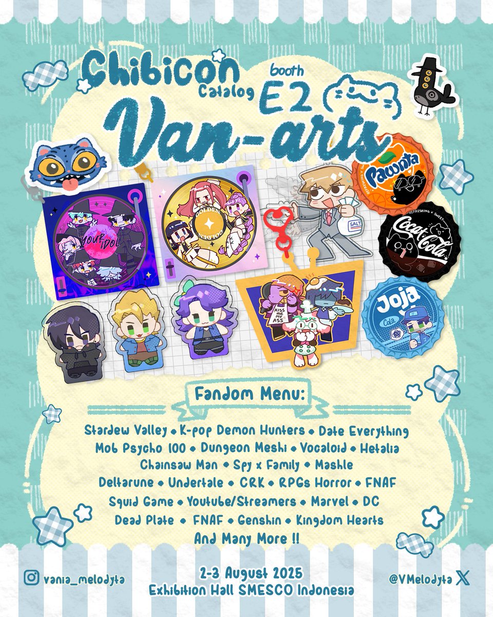 VMelodyta's tweet image. Hello :D ❤️,🔁 are appreciated!🙏
Finally posting my #chibicon8catalogue 🐈⬛
📍Booth E2
📅2-3 Agustus '25
🛒K-Pop Demon Hunters, Deltarune, Date Everything, Stardew Valley, MP100, Dunmeshi etc (more on pict)
(Booking 🆗, Mail order 🆗)Link bellow! ⬇️
#chibicon #chibicon8 (1/9) 🧵
