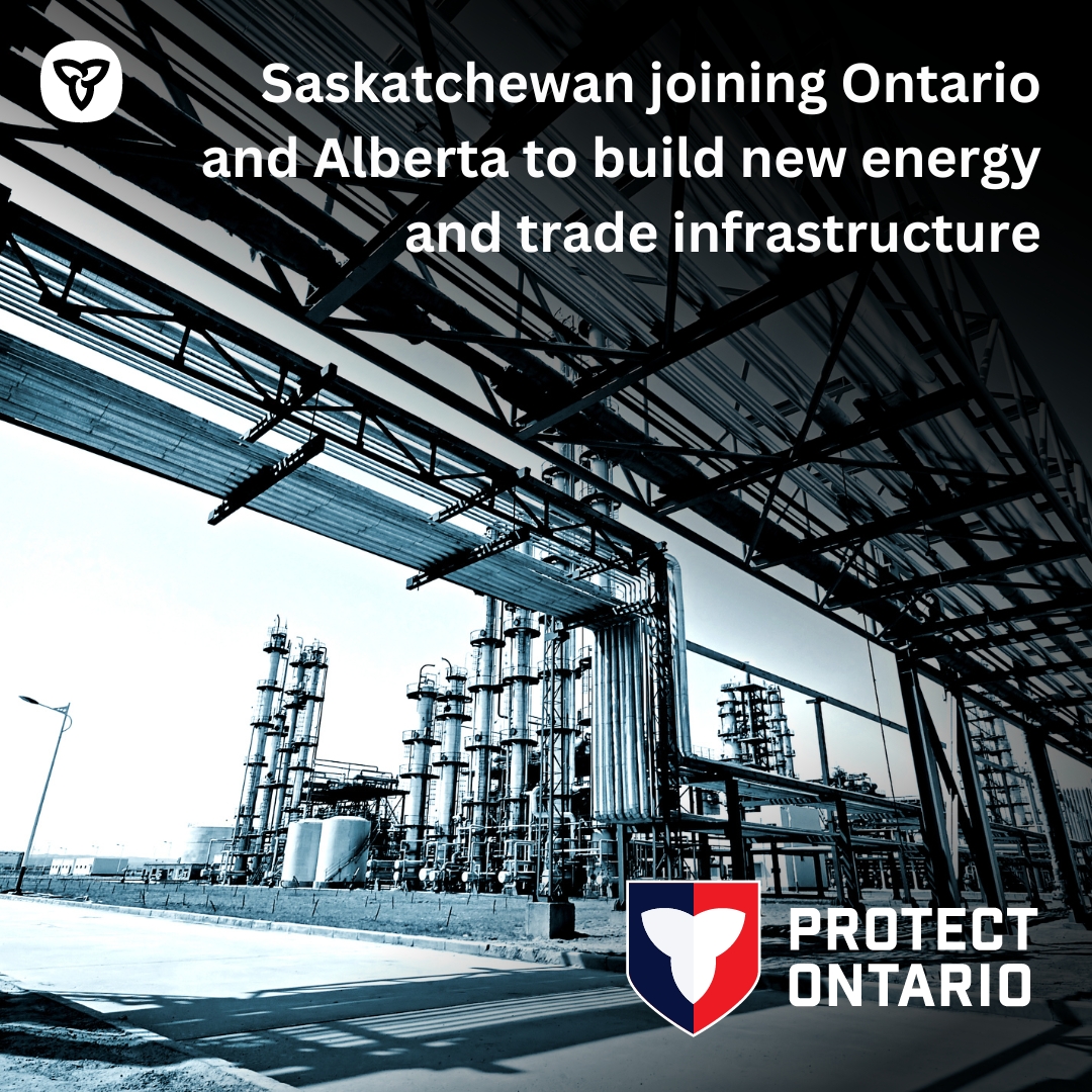 PaulCalandra's tweet image. In the face of U.S. tariffs, Ontario, Alberta, and Saskatchewan are working together to build new pipelines, rail lines, and critical energy infrastructure.

This is part of our plan to unlock the enormous potential of true free trade across Canada.

Learn more:…